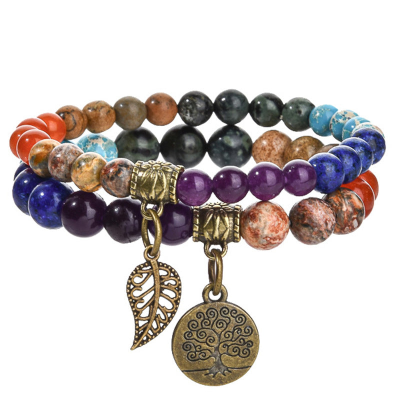 Tree Of Life & Leaf Pendant Colorful Agate Bracelet