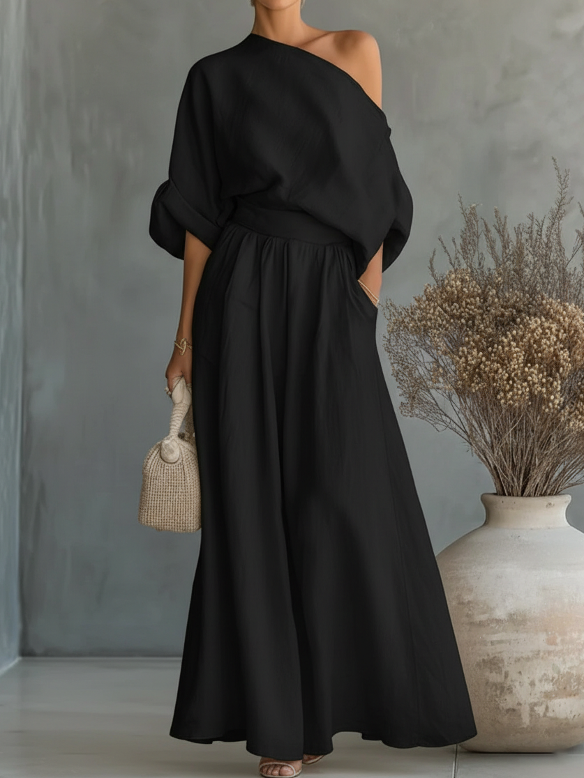 Elegant Off-the-shoulder Shirt And Wide-leg Pants Two-piece Set