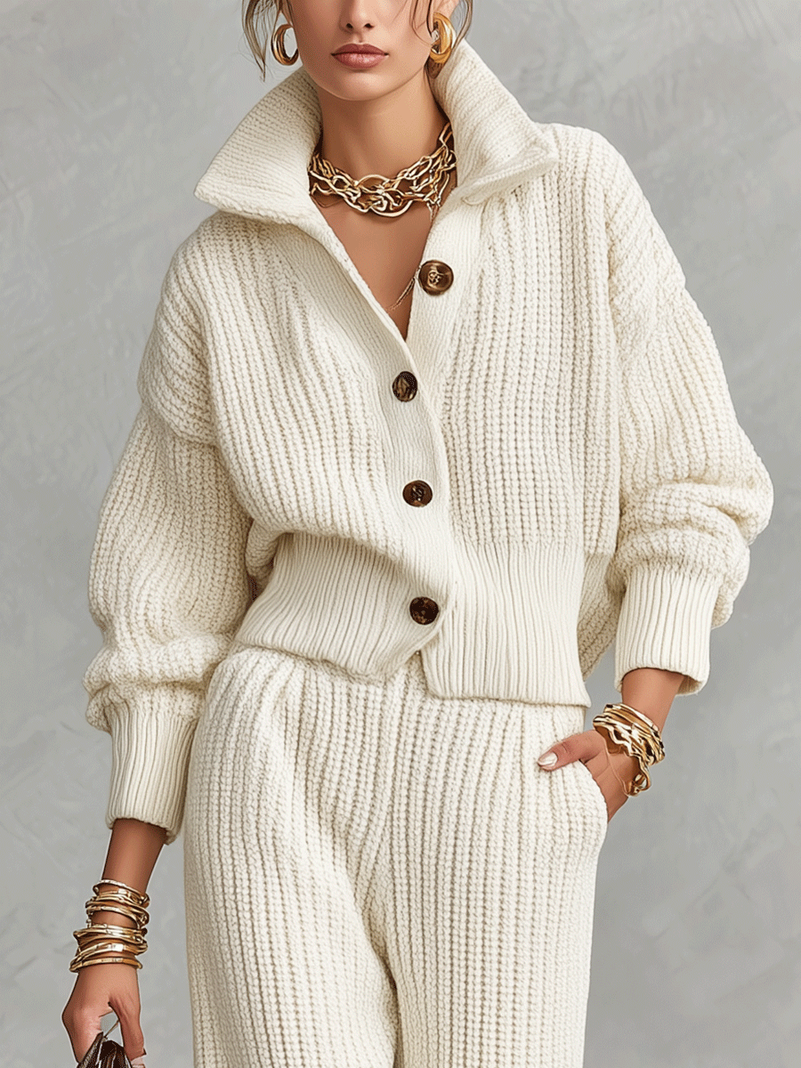 Chunky Ribbed Knit Two-Piece Set - Button Cardigan & Wide-Leg Pants