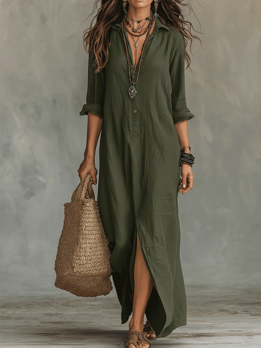 Black Button-Front Bohemian Shirt Maxi Dress