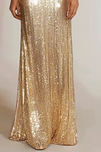 Formal Evening Gold V-Neck Sequins Maxi Dress