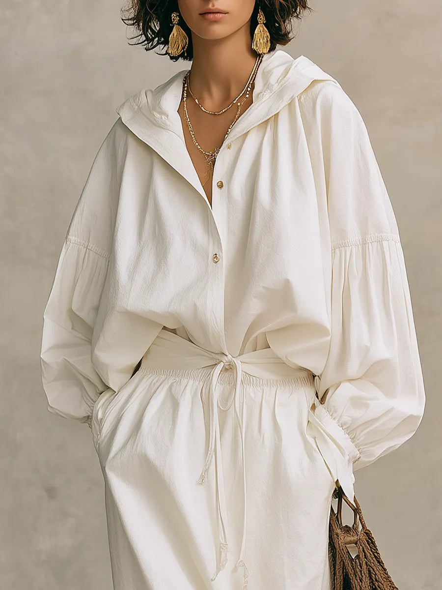 Minimalist White Hooded Drawstring Maxi Dress
