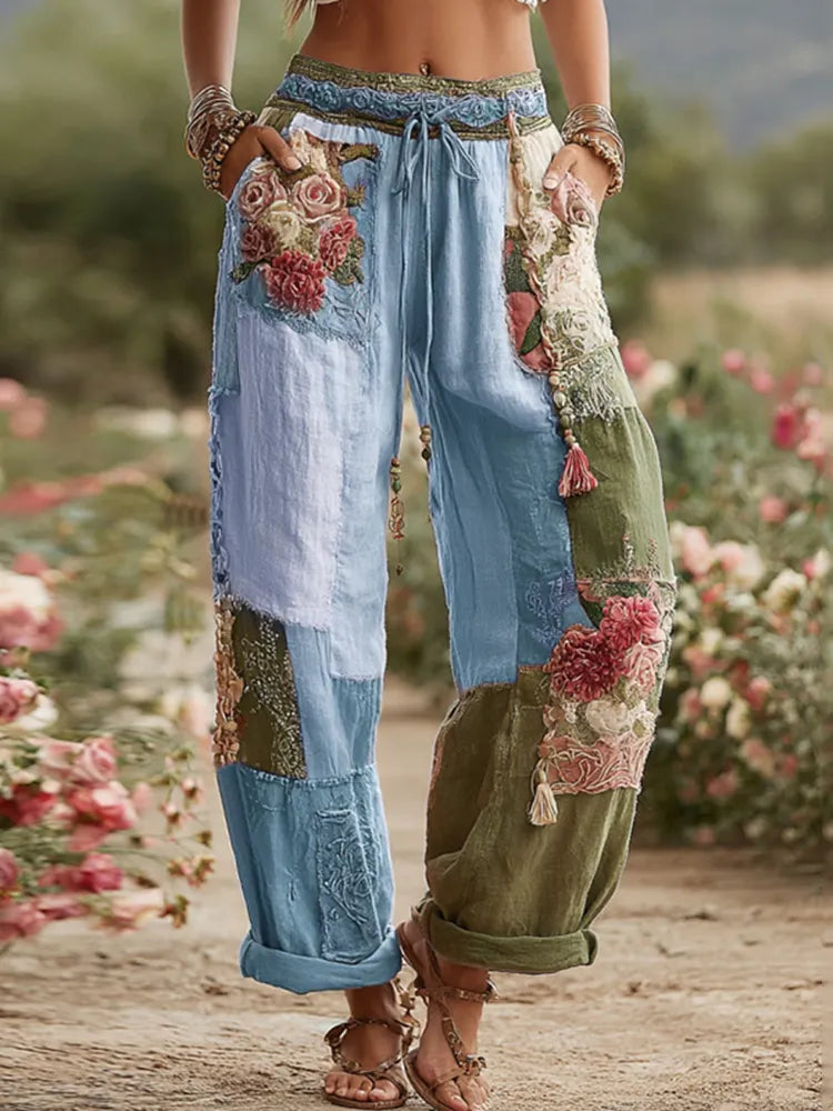 Love & Health Collection Retro Rose And Floral Patchwork Art Linen Pants