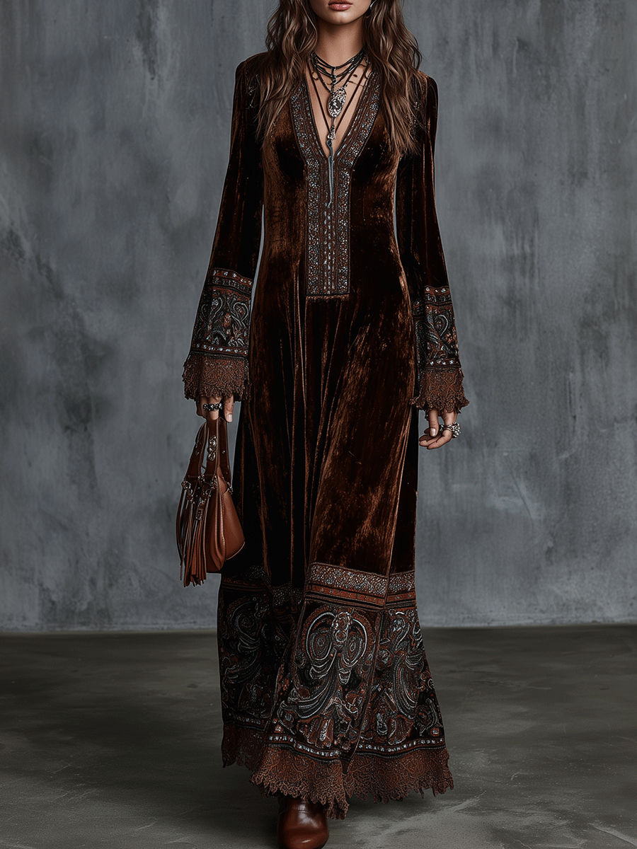 Bohemian Velvet Embroidered Borders Maxi Dress