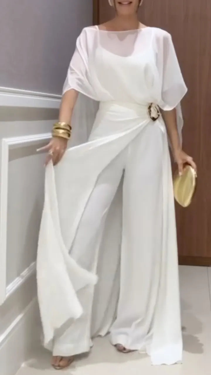 Women's Two-Piece Chiffon Casual Set (Faux Two-Piece Top + Faux Two-Piece Pants)