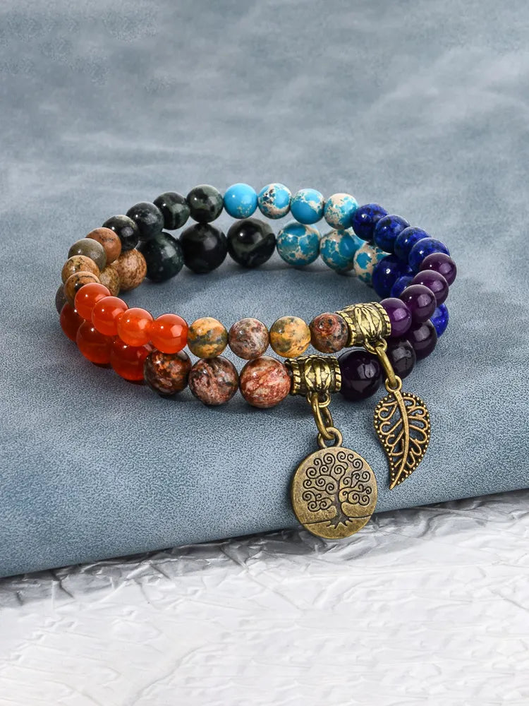 Tree Of Life & Leaf Pendant Colorful Agate Bracelet