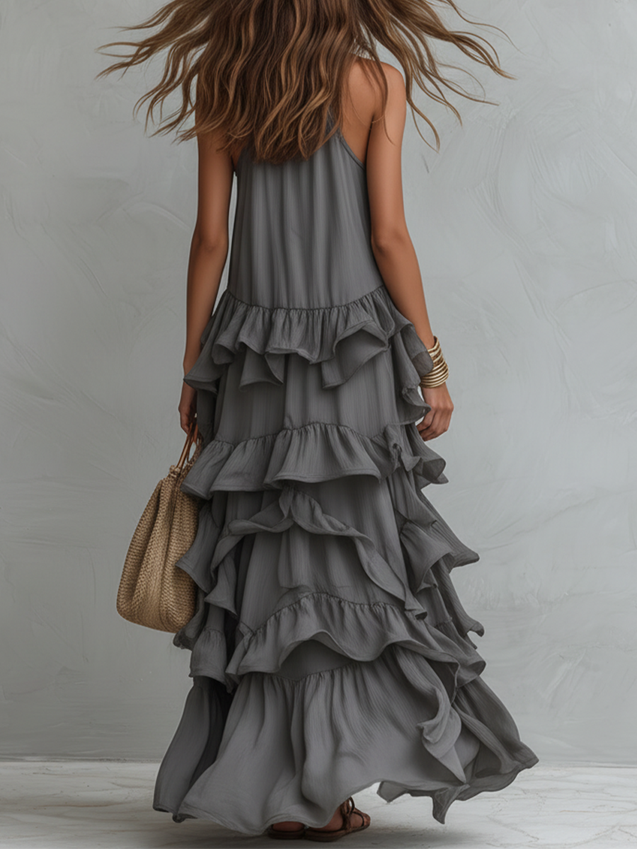 Elegant Grey Romantic Layered Ruffle Long Dress