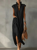 Women’s Ruffle Collar Cotton Linen Midi Dress – Elegant Summer Dress