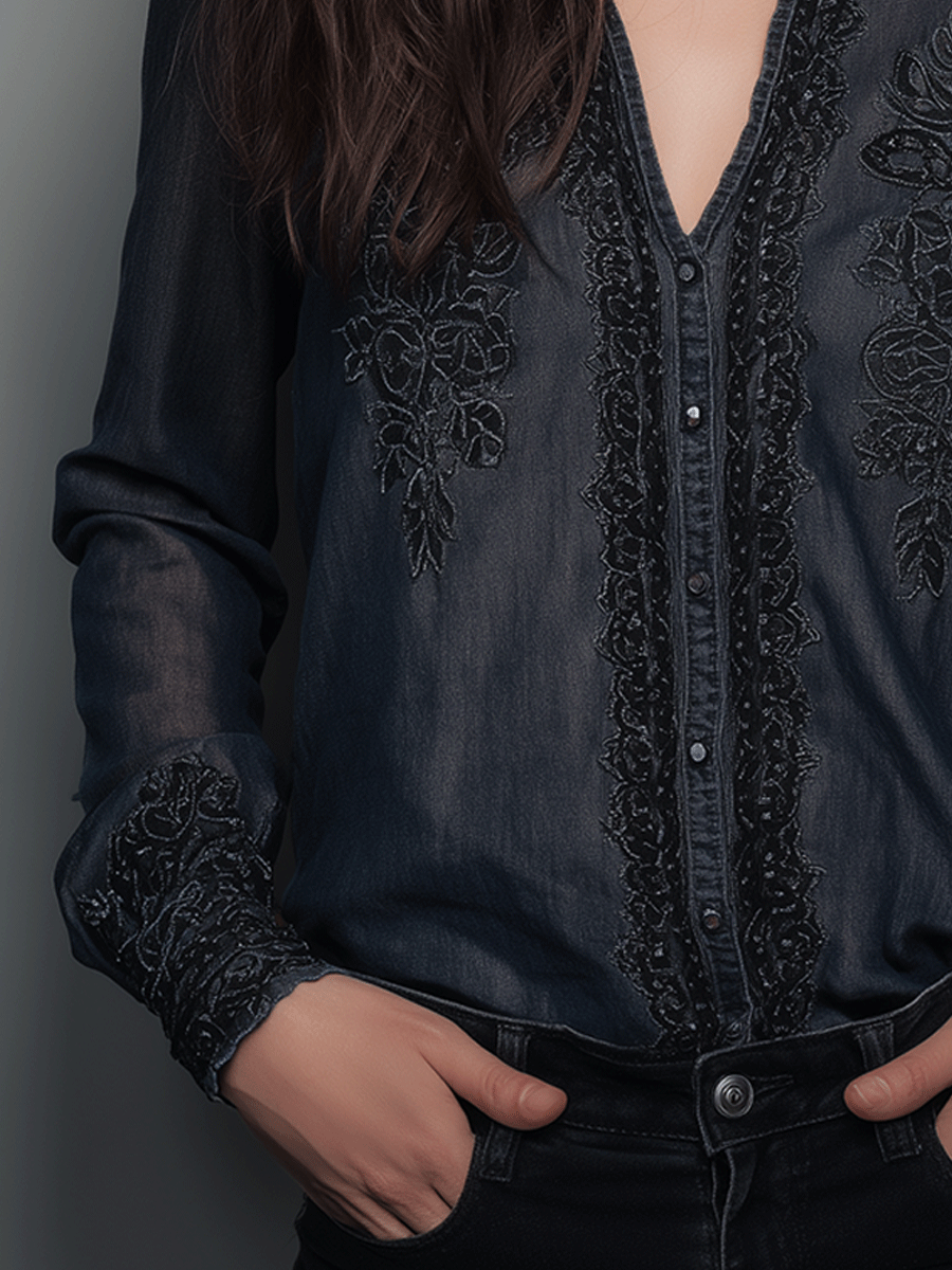 Elegant Dark Blue Chiffon Lace V-Neck Embroidered Shirt