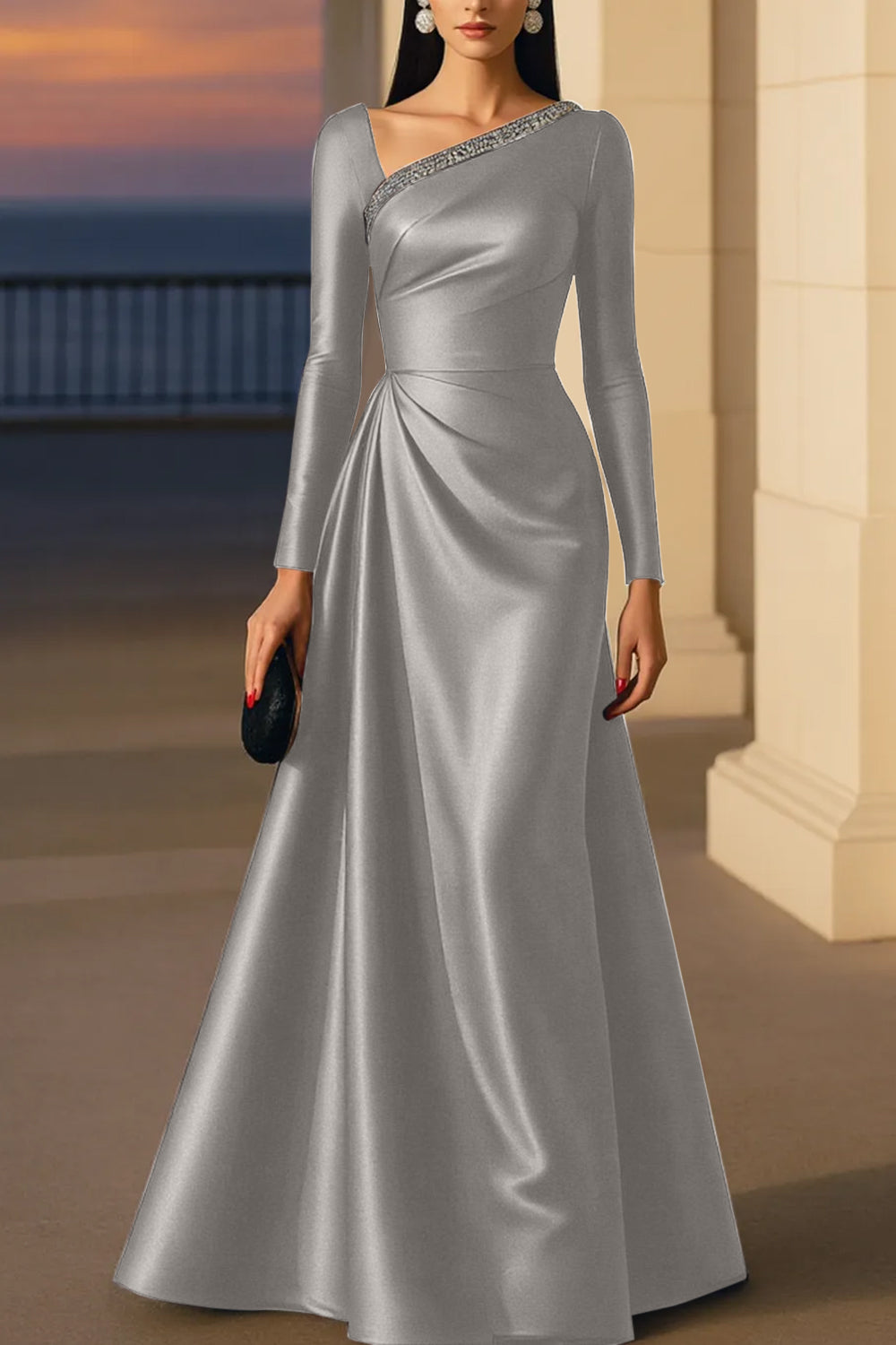 Evening Formal Burgundy Dress Asymmetrical Neck Long Sleeve Maxi Gown