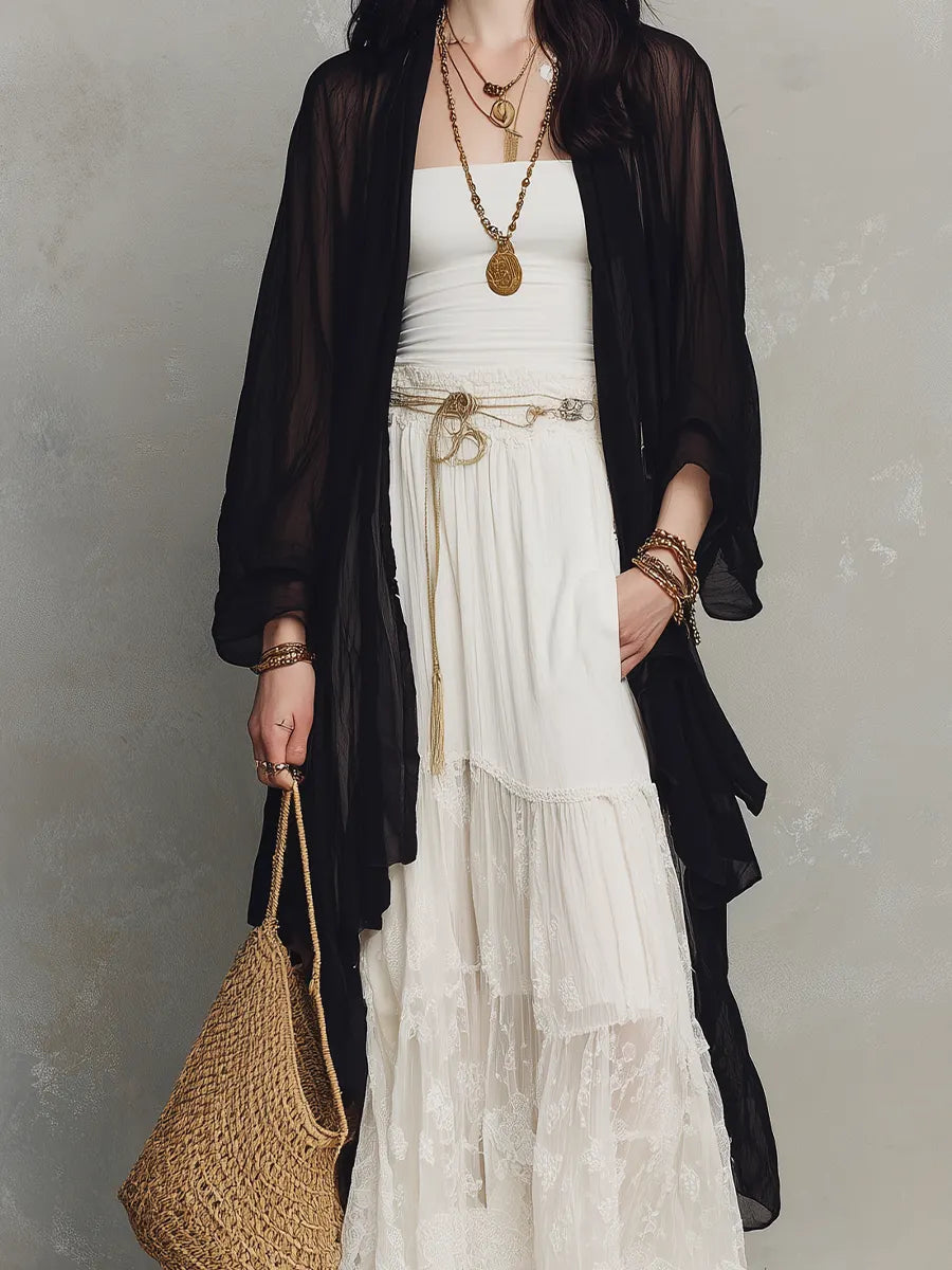Black Sheer Duster & Ivory Lace Tiered  ¨C Modern Bohemian Elegance Maxi Skirt