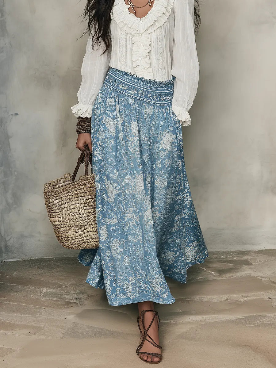 Bohemian White Ruffle Blouse & Blue Jacquard  ¨C Effortless Resort Elegance Midi Skirt