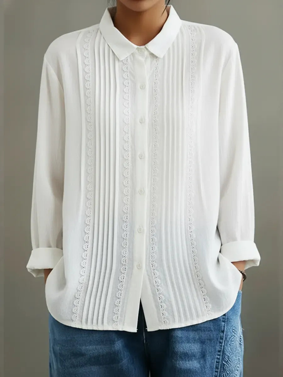 Women's Patchwork Lace Trim Linen And Cotton Pleated Shirt