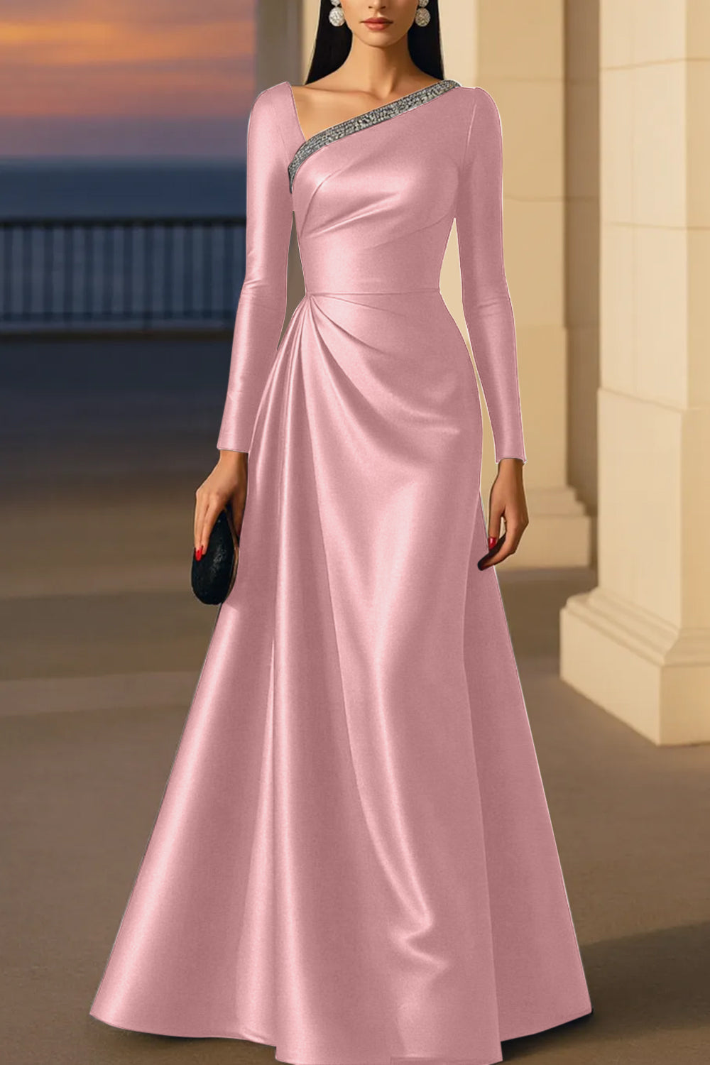Evening Formal Burgundy Dress Asymmetrical Neck Long Sleeve Maxi Gown