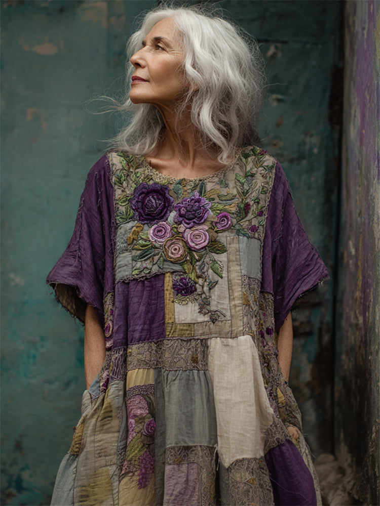 Vintage Cottagecore Purple Roses Embroidered Patchwork Linen Dress