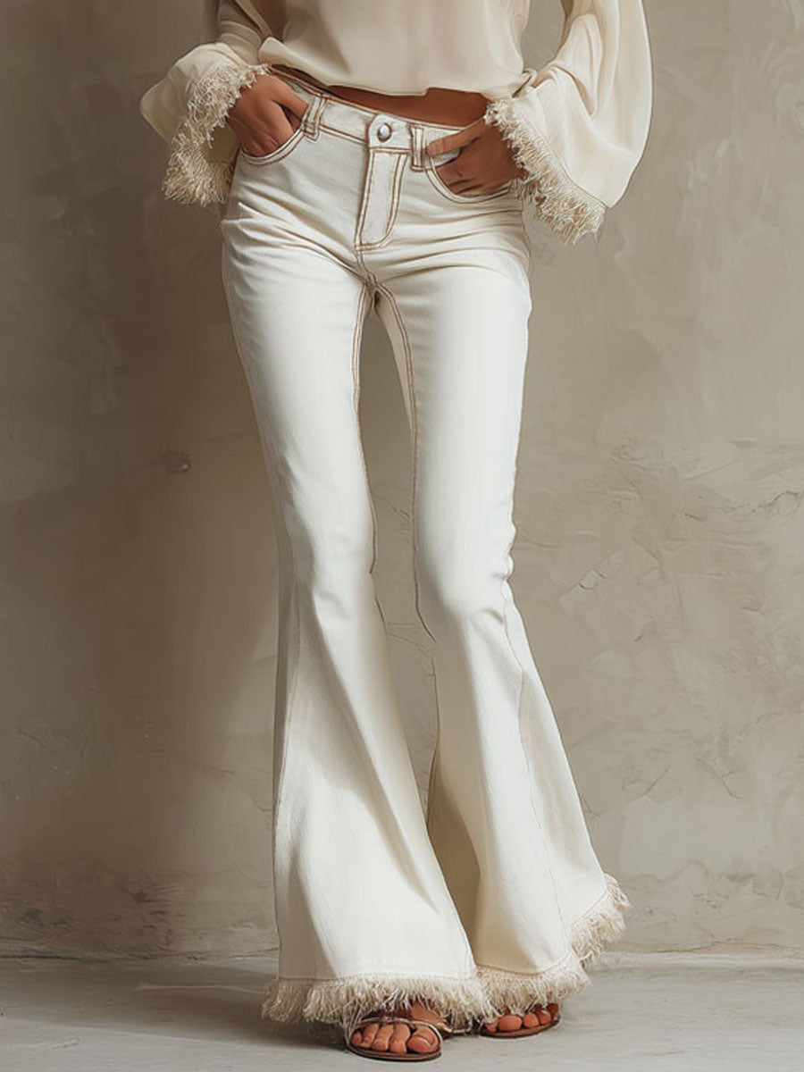 White Frayed-hem Flared Jeans