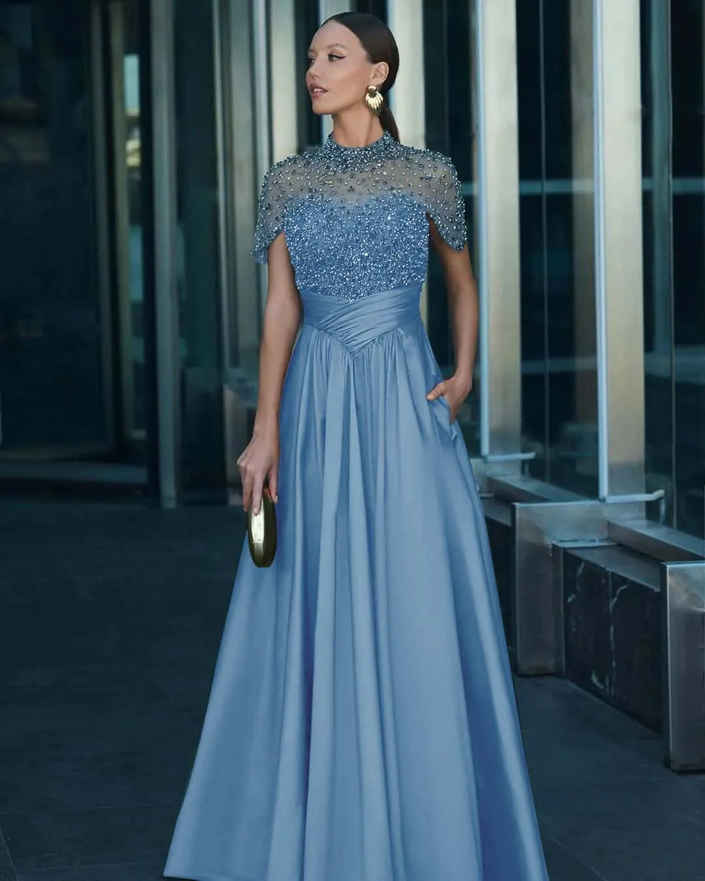 Tulle And Satin High-Neck Short Sleeves Long A-Line Pleated Prom Dress With Pockets And Beadings YK0542