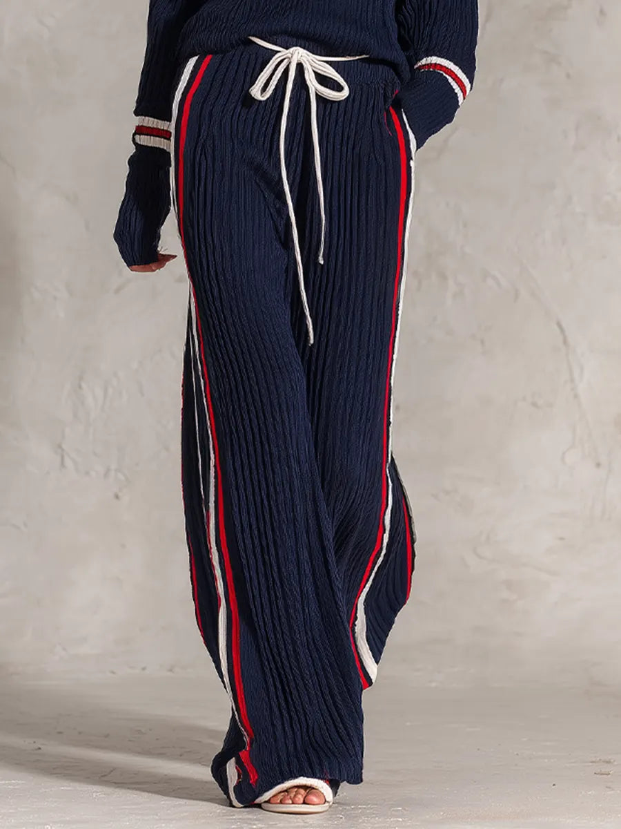 Relaxed Navy Varsity-Stripe Ribbed Knit Set