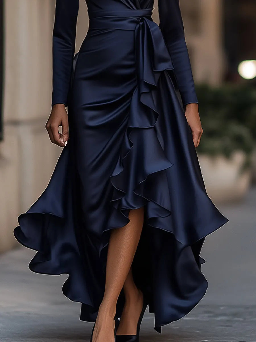 Midnight Blue Draped Satin Maxi Dress With Ruffle Details