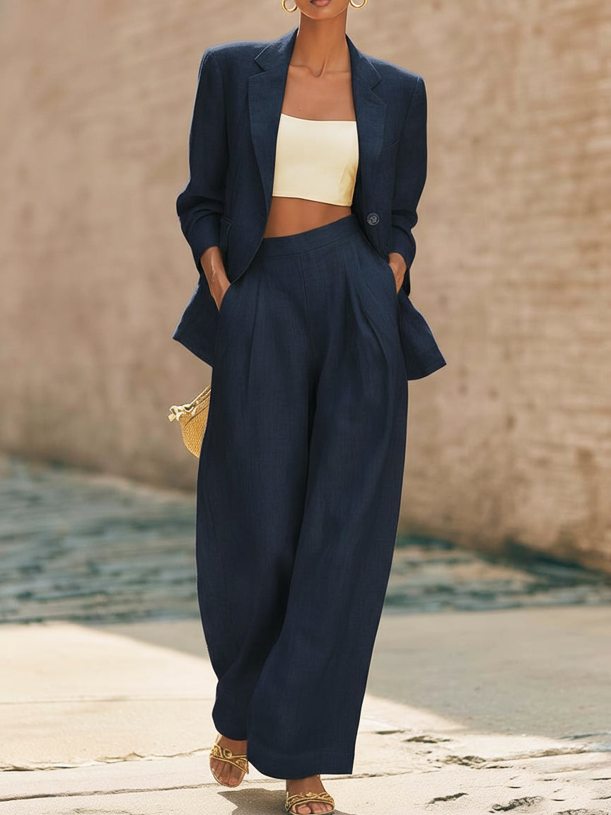Minimalist Solid Color Suit Jacket And Wide-leg Pants Linen Two-piece Set