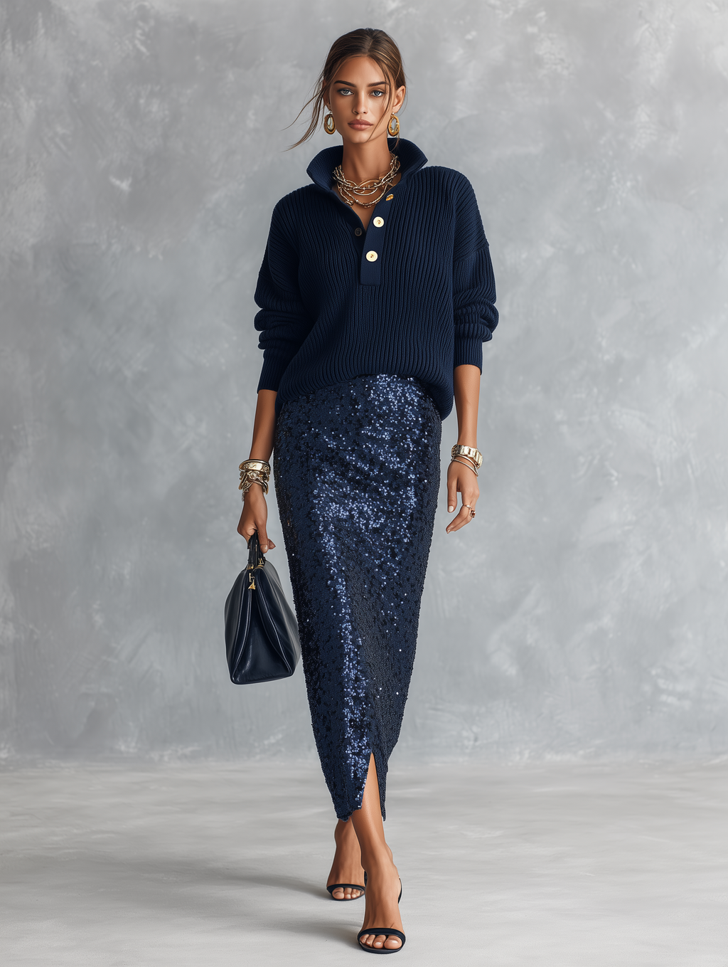 Ribbed Half-Button Sweater & Sequined Midi Skirt Two-Piece Set