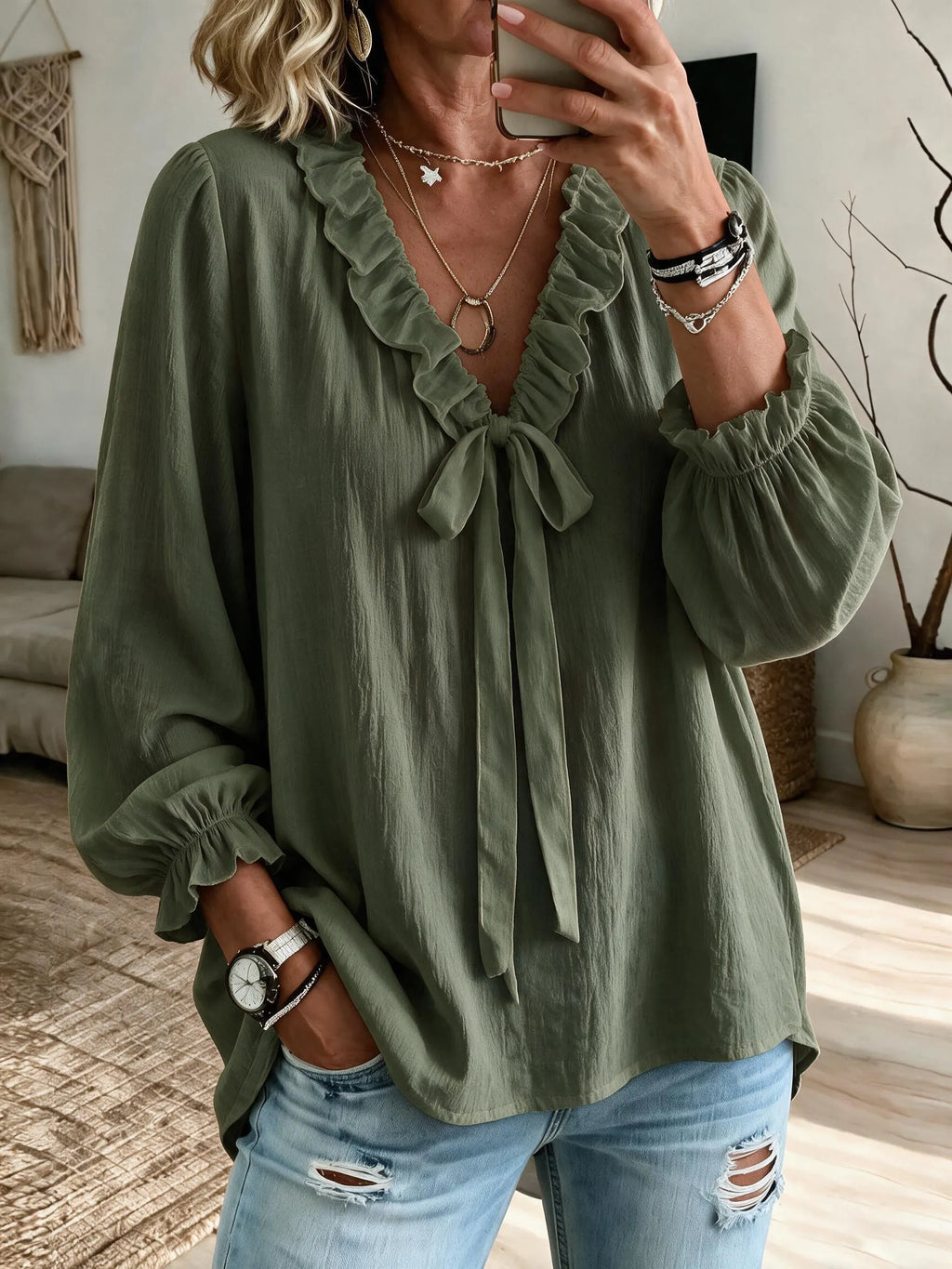 Elegant White Tie-Neck Blouse with Ruffle Trim