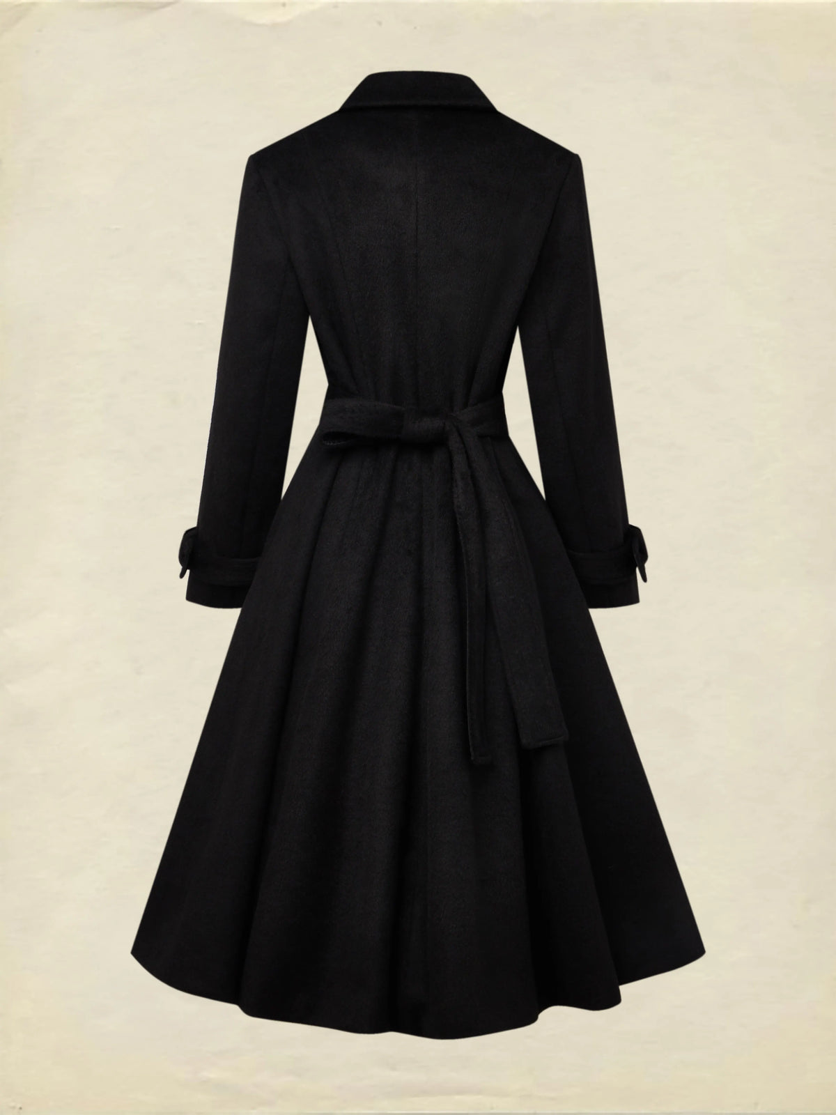 Wool Trench Coat, Long Sleeves, Lapel Collar, Plain, Button Design, Vintage, Black