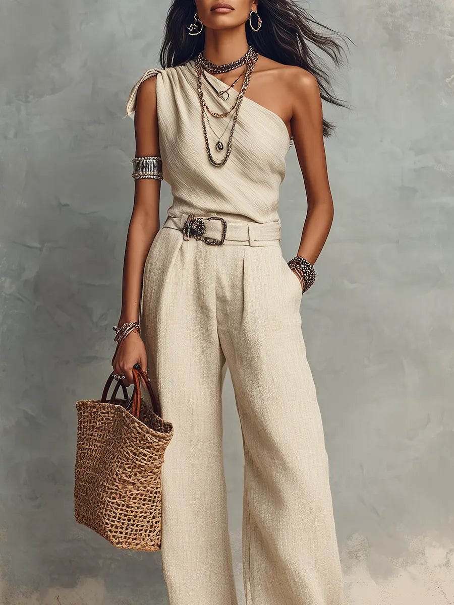 Ivory One-Shoulder Linen Top & Wide-Leg Pants Set ¨C Minimal Resort Elegance Trouser Suit