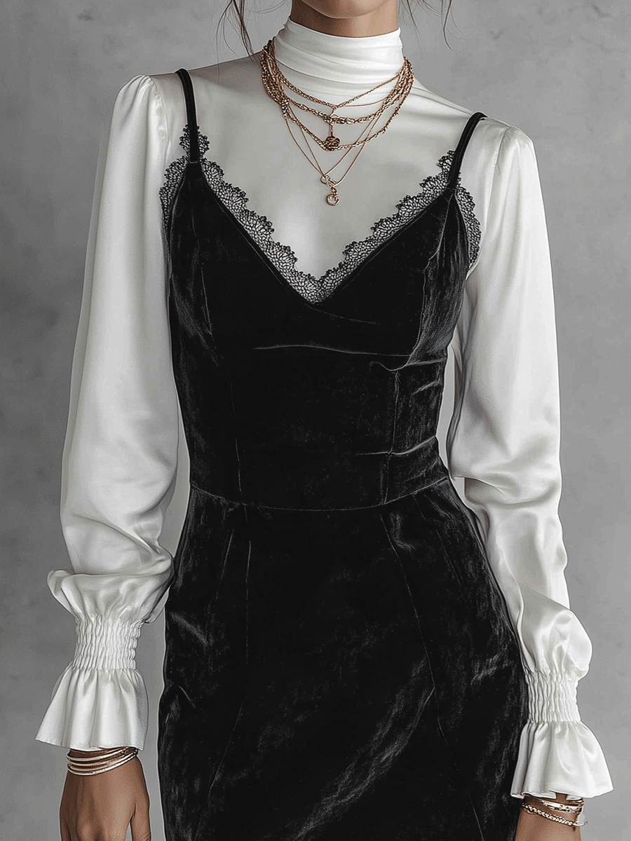 Romance Plush Velvet Slim-Fit Jet Black Mini Dress And Shirts