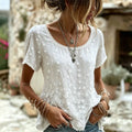 Women's White Cherry Blossom And Lace Art Comfortable Cotton And Linen Crew Neck Short-sleeved Top