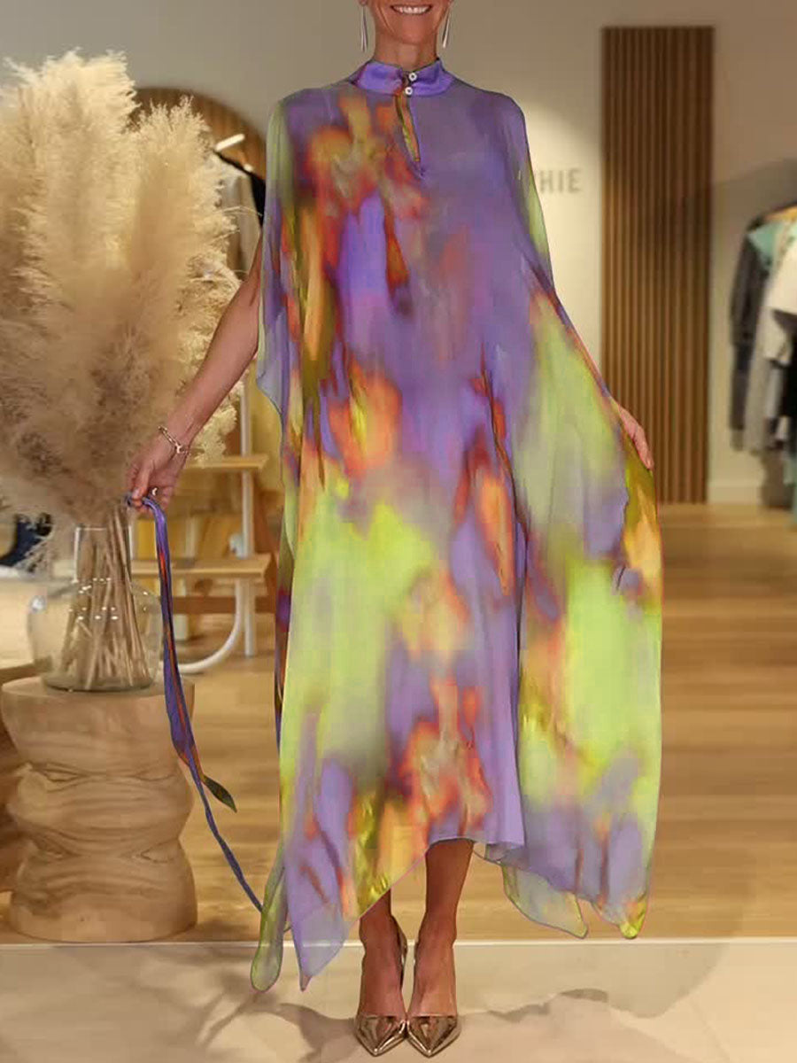 Women's Colorful Tie-Dye Stand Collar Sleeveless Casual Loose Chiffon Dress