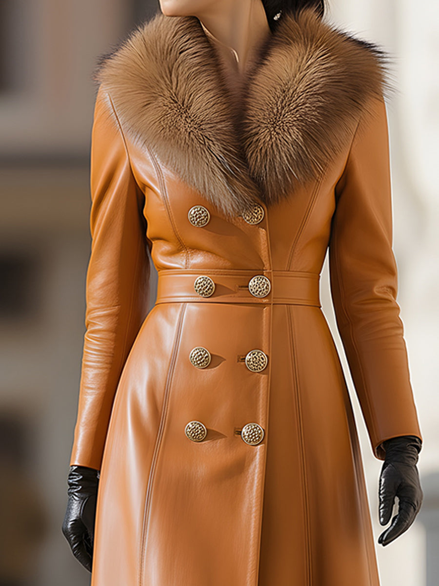 Caramel Leather Double-Breasted Coat With Fur Collar