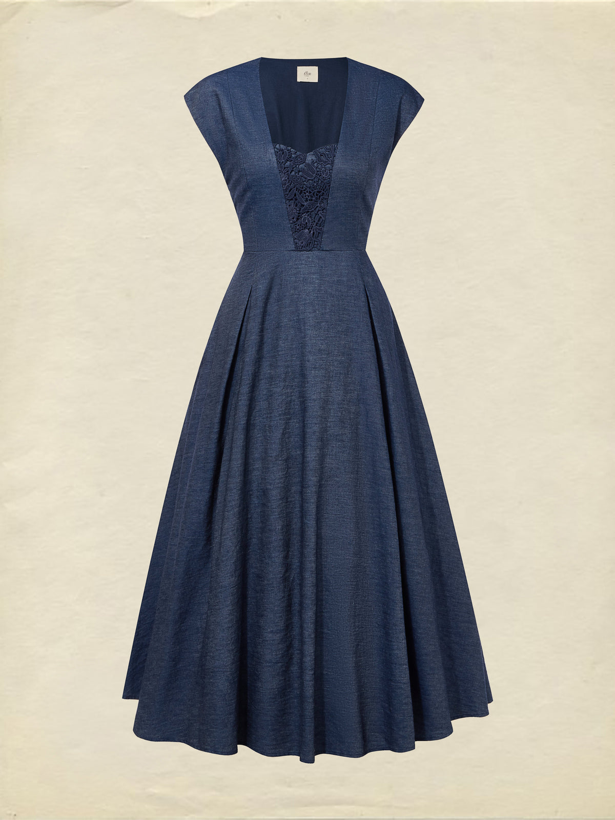 Maxi Linen Denim Dress, Short Sleeves, Sweetheart Neckline, Plain, Lace, Vintage, Blue