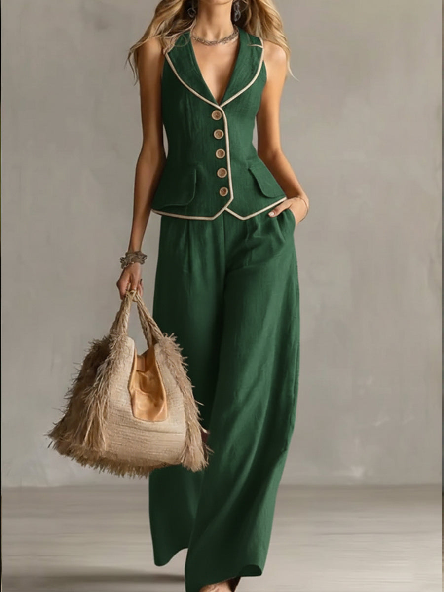 Women's Slim-fit Linen And Cotton Vest And Trousers Two-piece Set