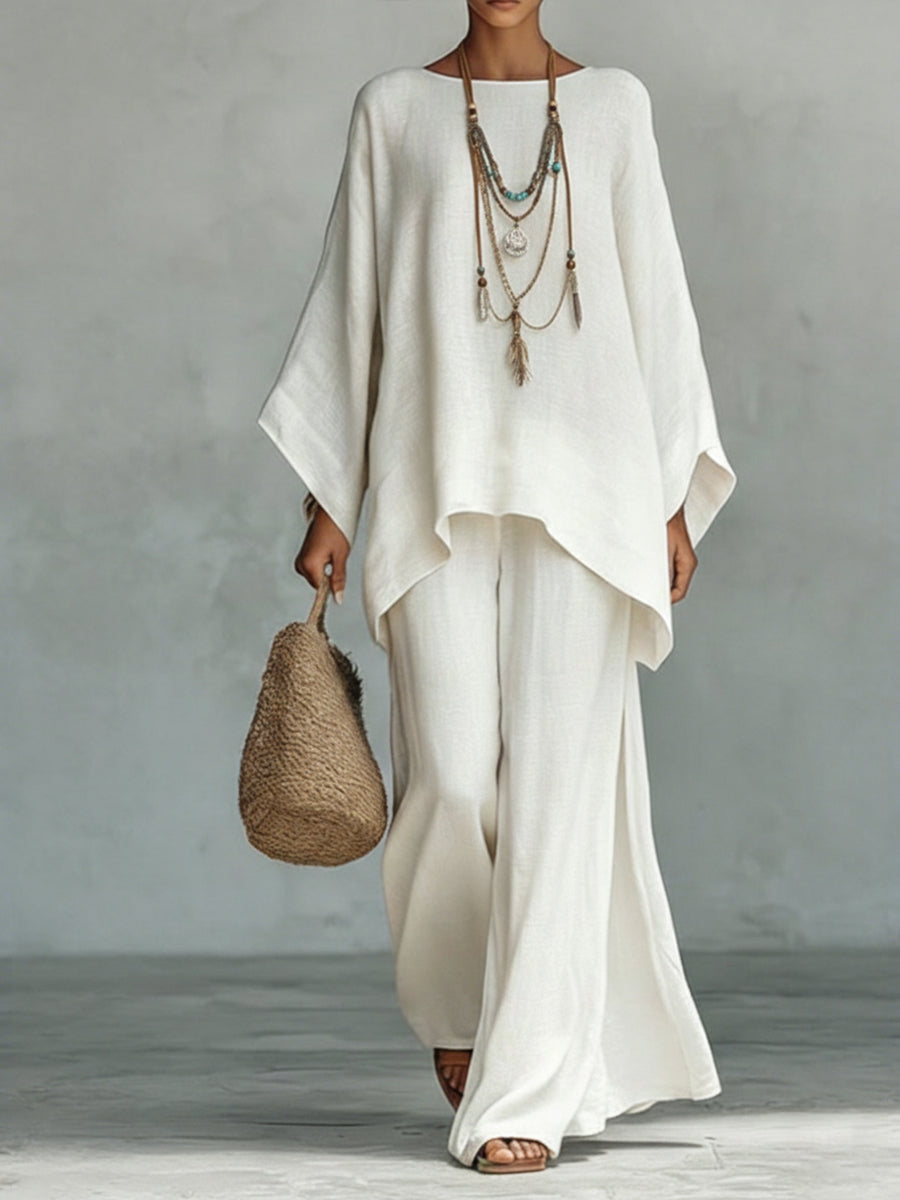 Women's Comfortable, Loose-fitting Linen And Cotton Top And Wide-leg Pants Two-piece Set.