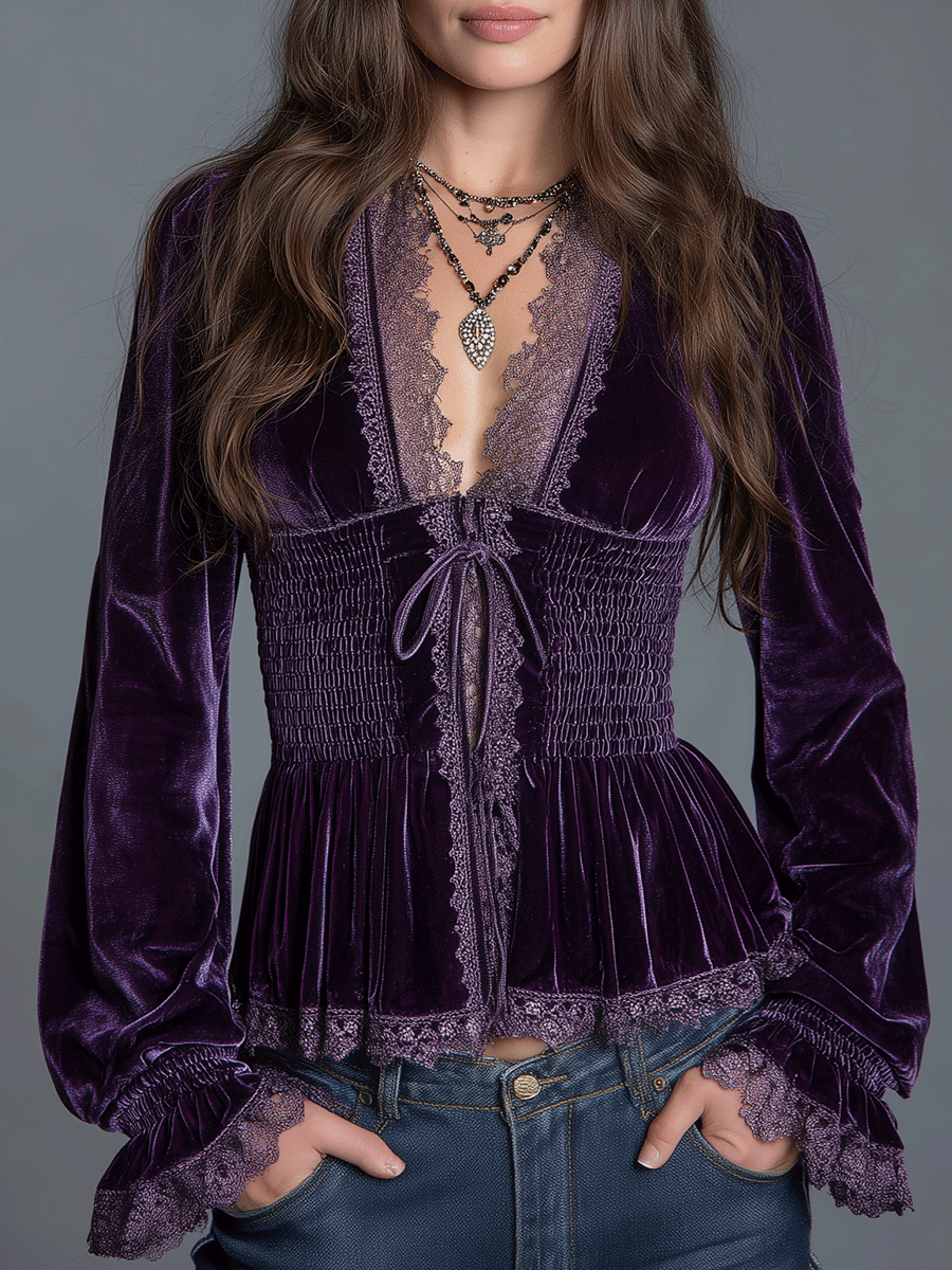 Vintage Velvet Lace-Trim Smocked Boho Top