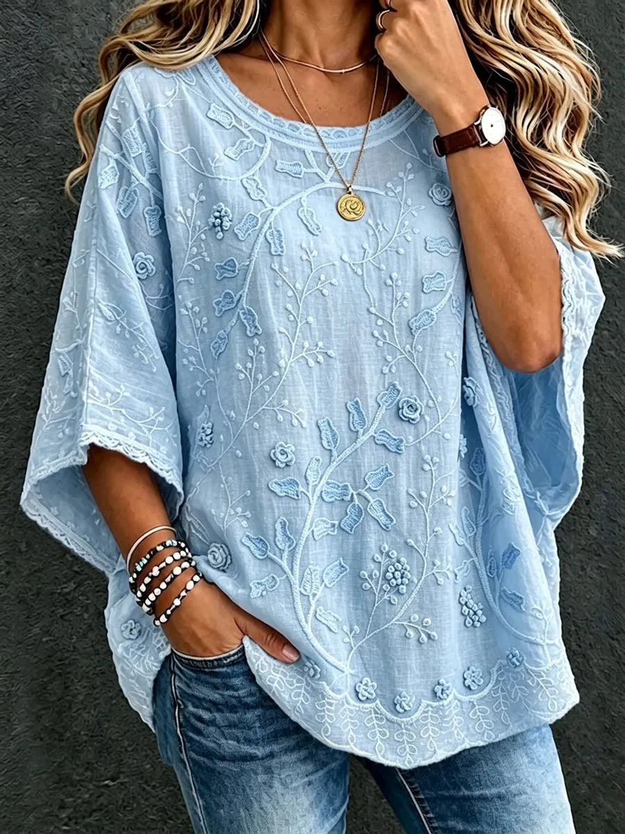 Women'S Cotton Linen Flower Casual Loose Top