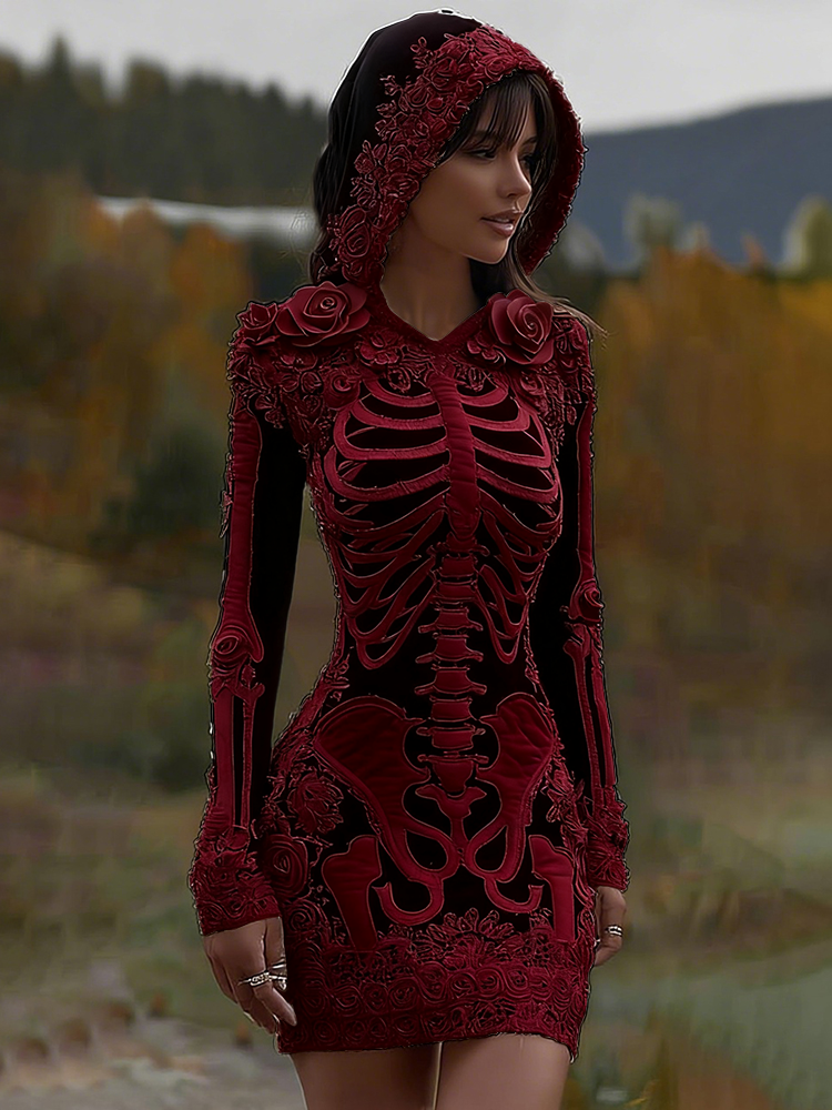 Women's Vintage Halloween Skeleton Bones With Rose Art Cozy Knit Hooded Sweater Dress