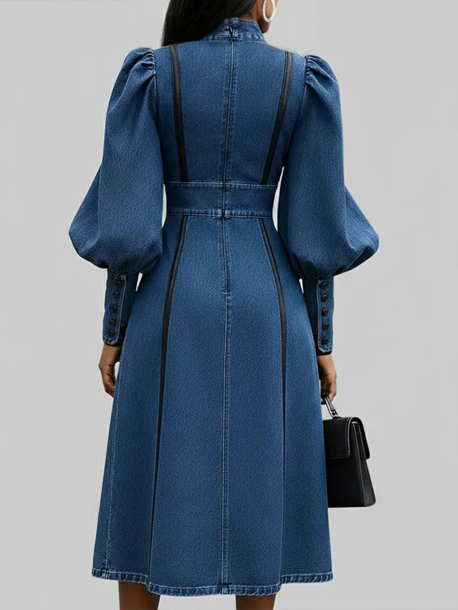Fashionable Patchwork Leather Lantern Sleeve Denim Dress