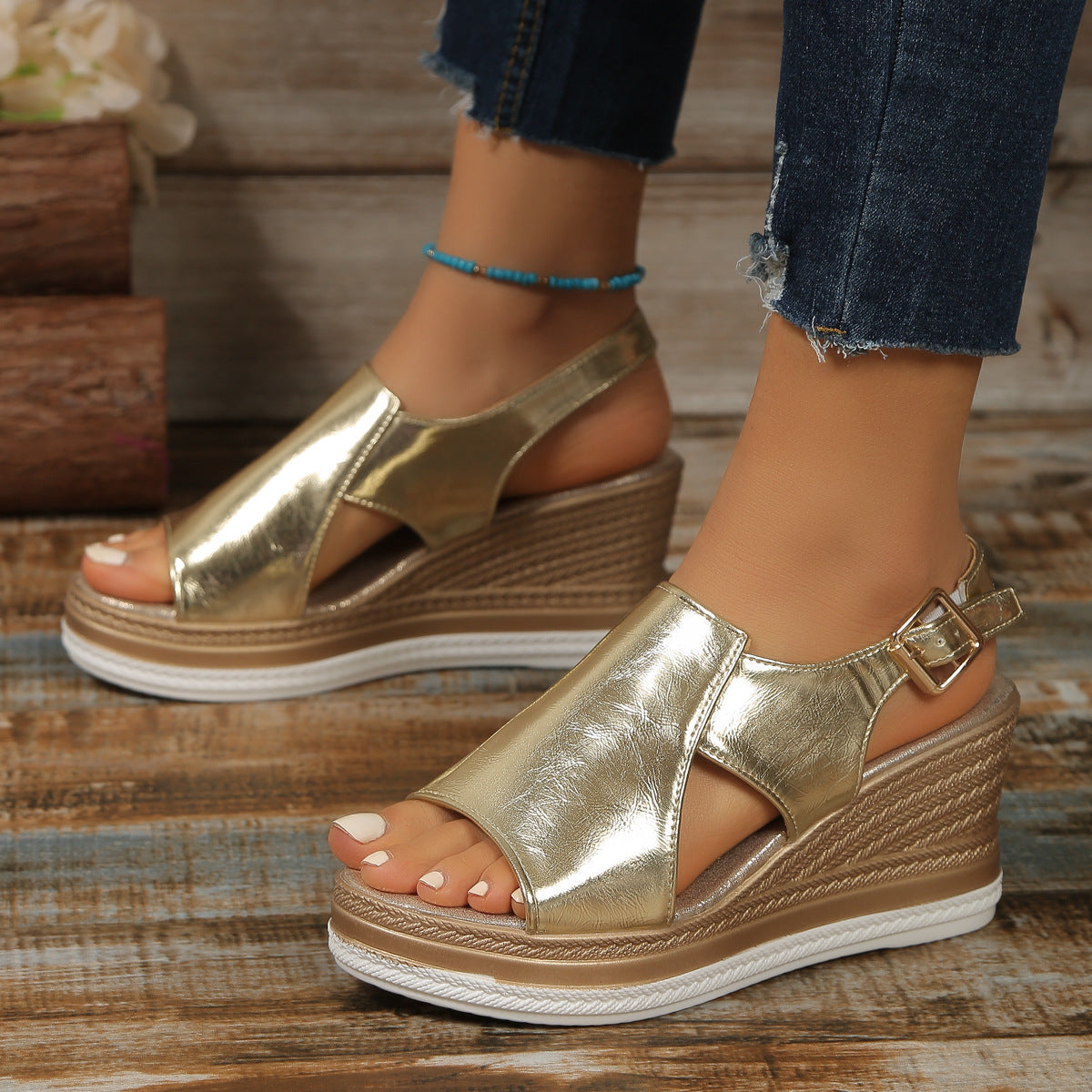 Fashion Hollow Fish Mouth Wedge Heel Thick-soled Sandals