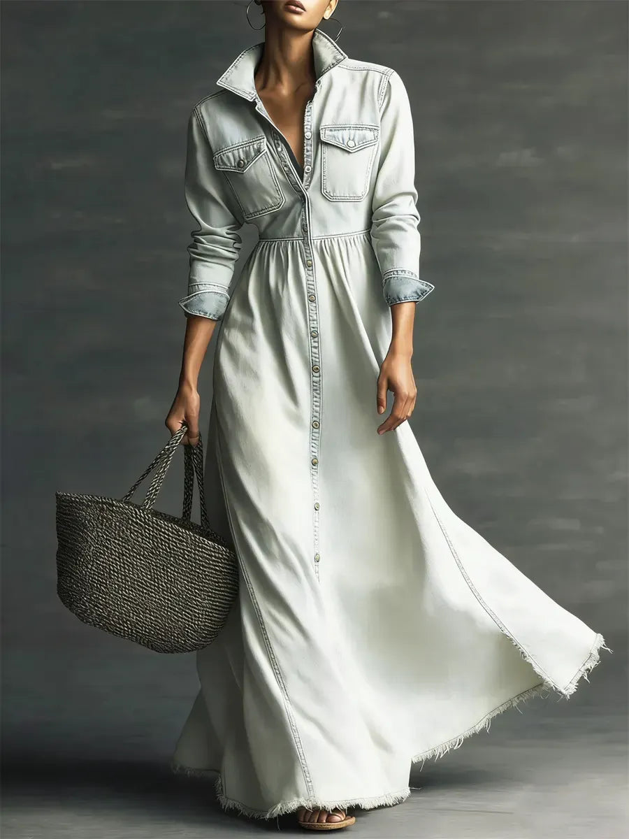 Women Stylish Art Stand Collar Washed Denim Midi Dress