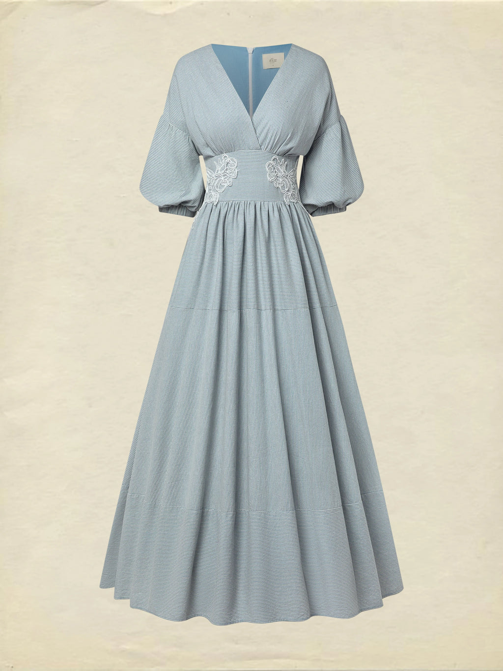 Maxi Cotton Dress, Half Sleeve, V Neck, Striped, Lace, Vintage, Blue