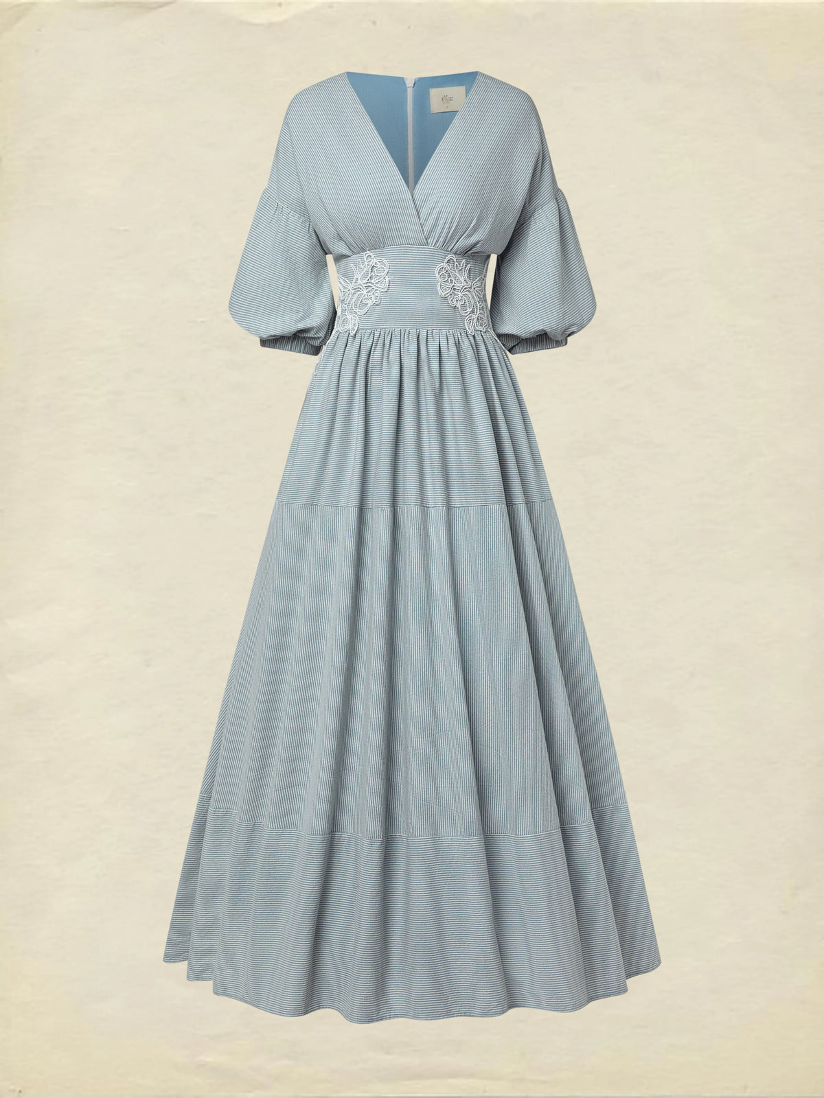 Maxi Cotton Dress, Half Sleeve, V Neck, Striped, Lace, Vintage, Blue