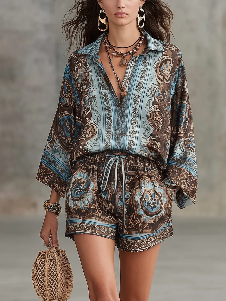 Bohemian Blue-brown Printed Bell Sleeve Top And Shorts Set