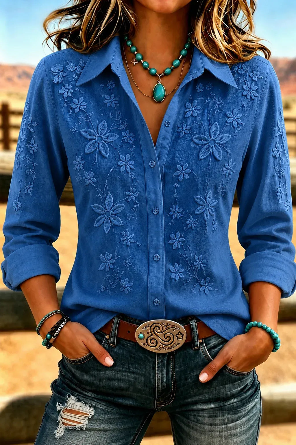 Women'S Retro Floral Casual Long Sleeved Loose Shirt