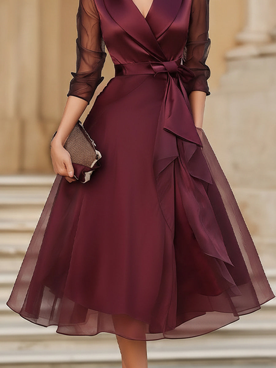 Elegant Wrap Midi Dress With Sheer Sleeves