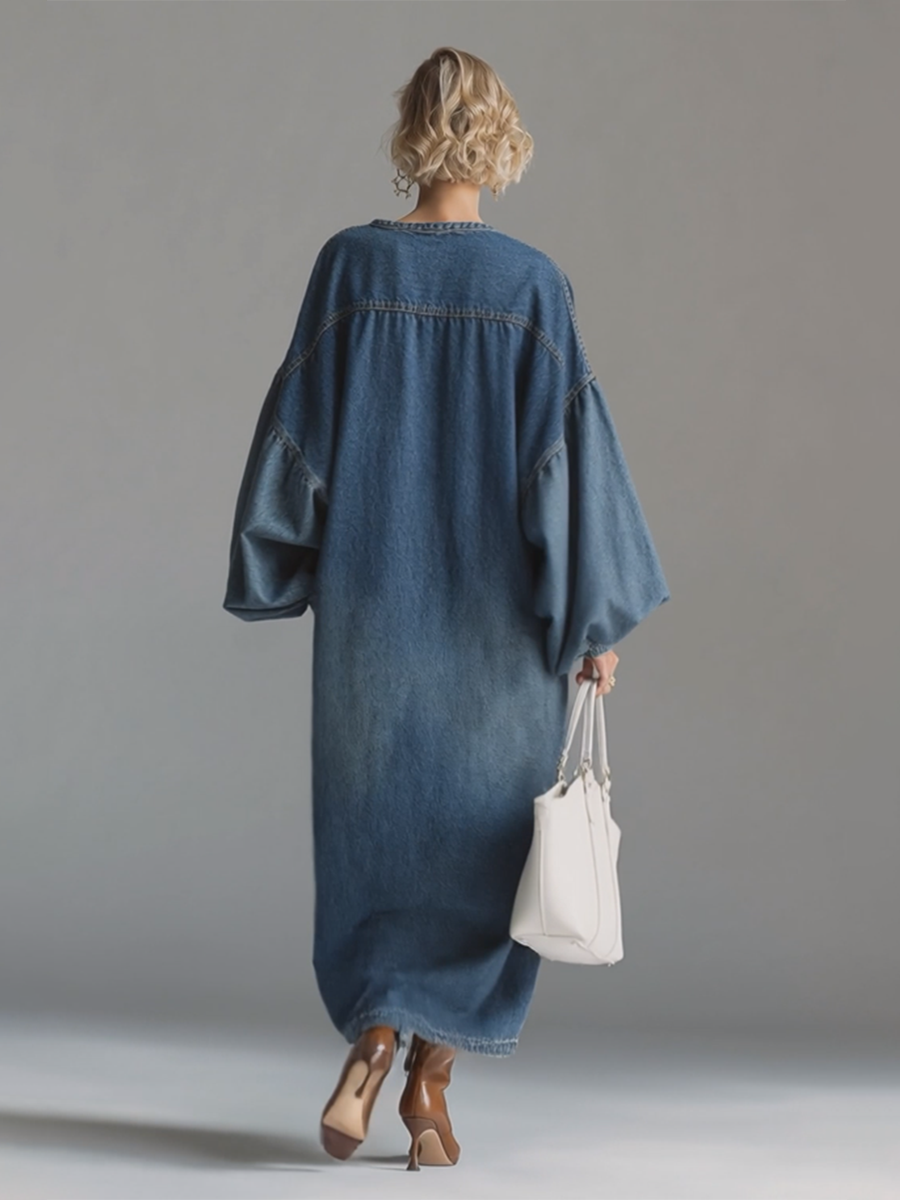 Elegant Urban-style Blue Denim Button-down Maxi Dress