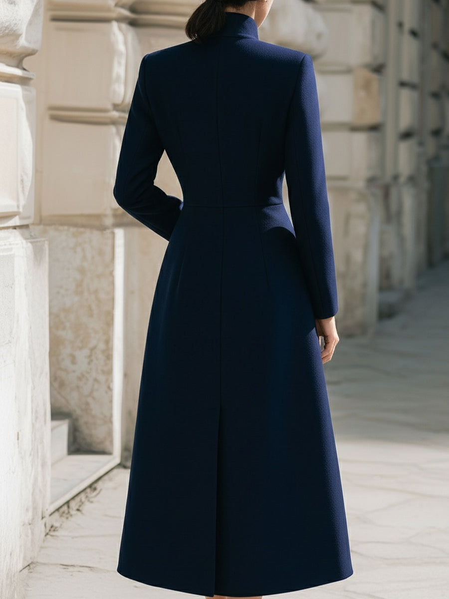 Elegant Navy Stand - Collar Maxi Coat