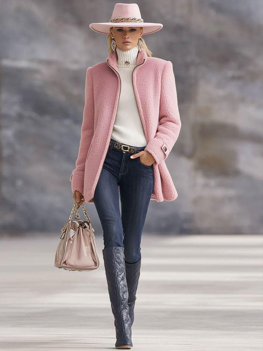Casual Vintage Pink Polar Fleece Zip-Up Jacket Coat