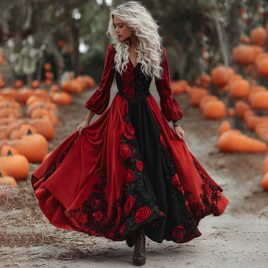 Women's  Halloween Black Roses Art Comfy Velvet Maxi Dress 08dd